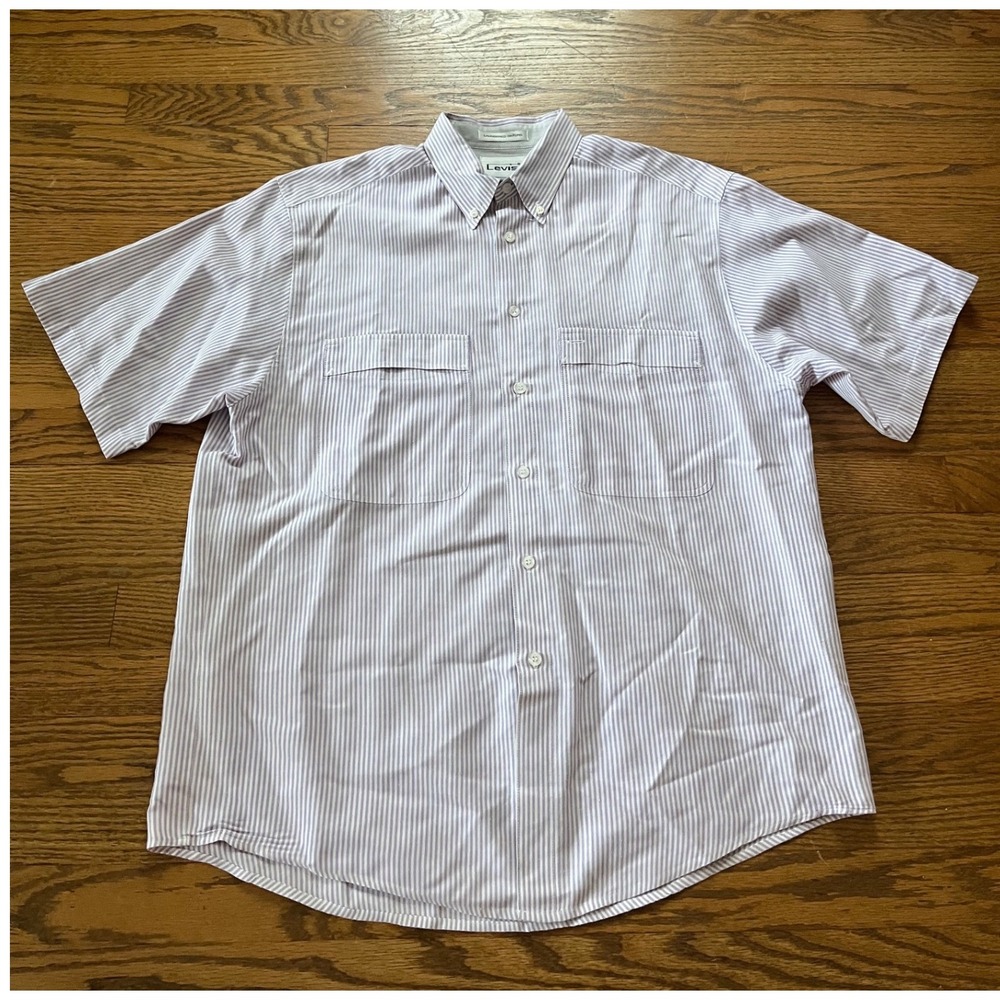 Levis Vintage Mens Medium Purple Striped Short Sleeve Laundered Oxford Shirt - Picture 2 of 8